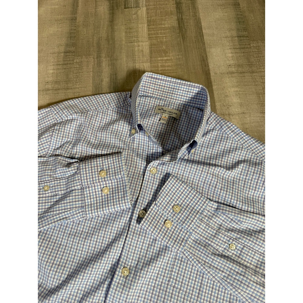 Peter Millar Summer Comfort Mens Small Blue Check Button Down Shirt LS Stretchy